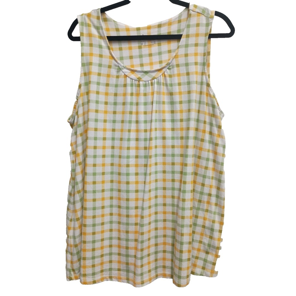 D&Co Womens Tank Top Size 1X Yellow Green Plaid Jersey Scoop Neck Beach Vacation